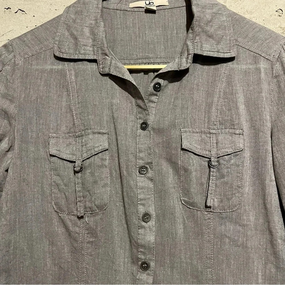 Ya Los Angeles Button Down Shirt Roll Tab Top Blouse Size S Womens Heather Grey - Picture 2 of 8